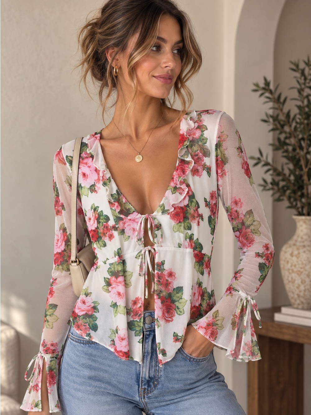 Rebellious Dreamer Y2K Floral Sheer Tie Front Blouse M Fairycore Garden Party